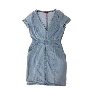 GUESS Denim Mini Dress Light Blue XS Zip Front Short Sleeve Y2K Baddie Bodycon